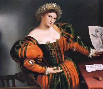 lorenzo loto Painting - Retrato de una dama con una imagen del suicidio de Lucrecia Renacimiento Lorenzo Lotto